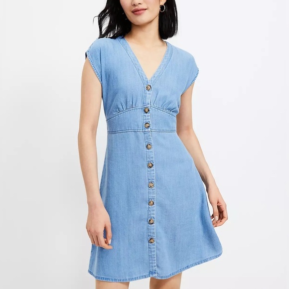 Loft Blue Denim, V Neck, Button Down, A-Line Dress, Size 14 - Picture 1 of 16